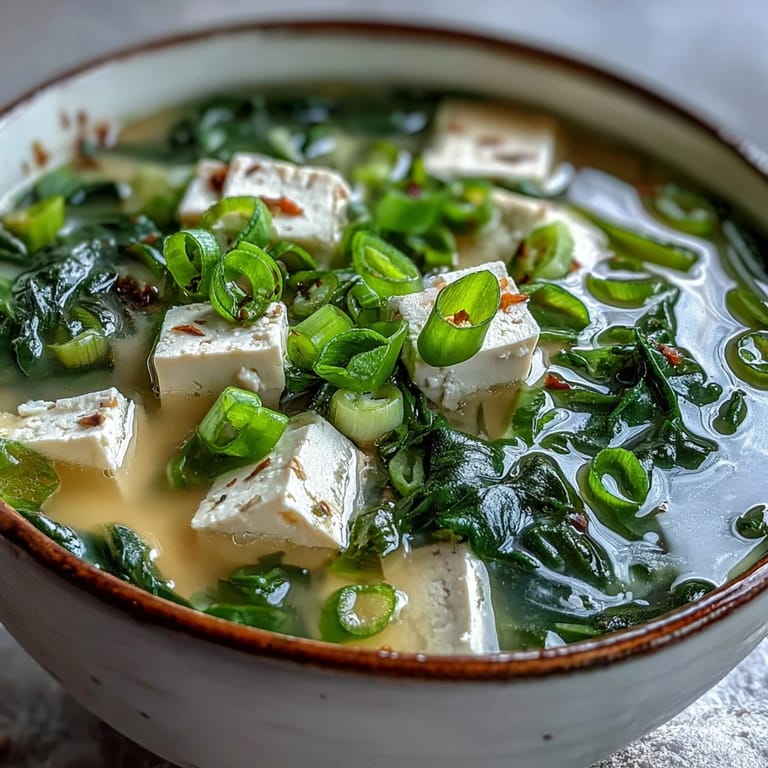 A comforting bowl of miso soup featuring tofu, spinach, and green onions in a rich, umami-filled broth.