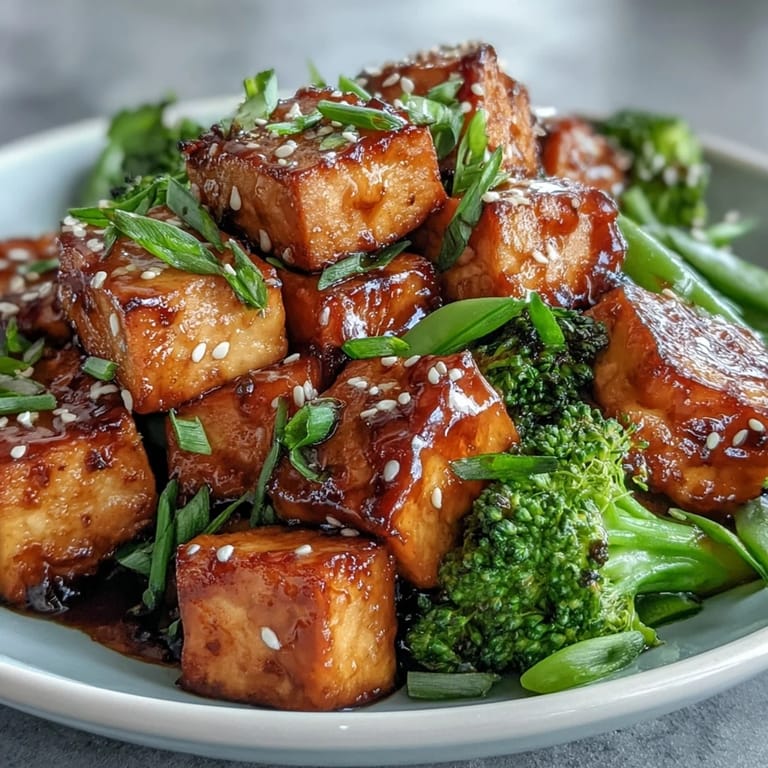 Vibrant plant-based dinner featuring golden tofu cubes, fresh green veggies, and savory homemade teriyaki glaze.  