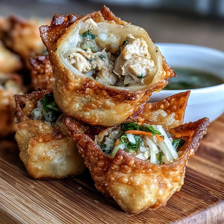 Golden pan-fried dumpling bites bursting with juicy chicken, shredded carrot, and zucchini, wrapped in delicate rice paper.  