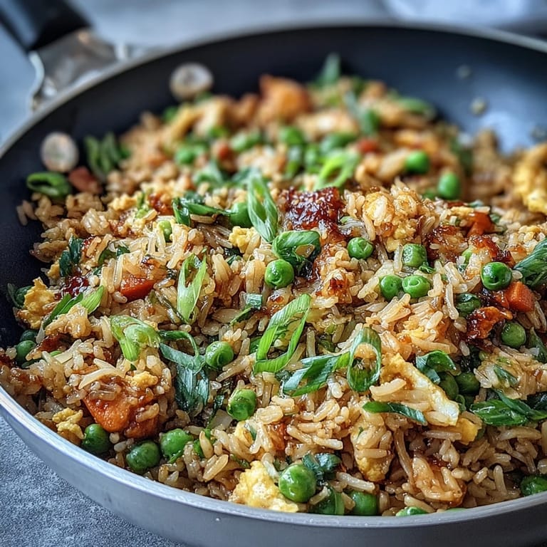 Colorful Asian-inspired fried rice loaded with crisp spring peas, carrots, and bell peppers in a savory sauce.  