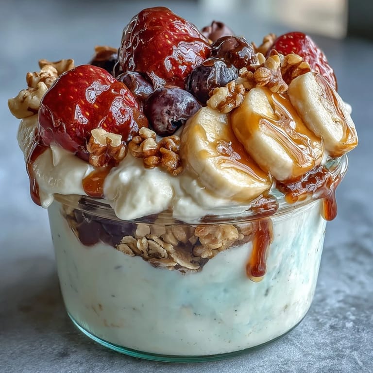 A colorful breakfast jar featuring fluffy vanilla yogurt, sliced banana, strawberries, blueberries, granola, and a sprinkle of dark chocolate for indulgence.