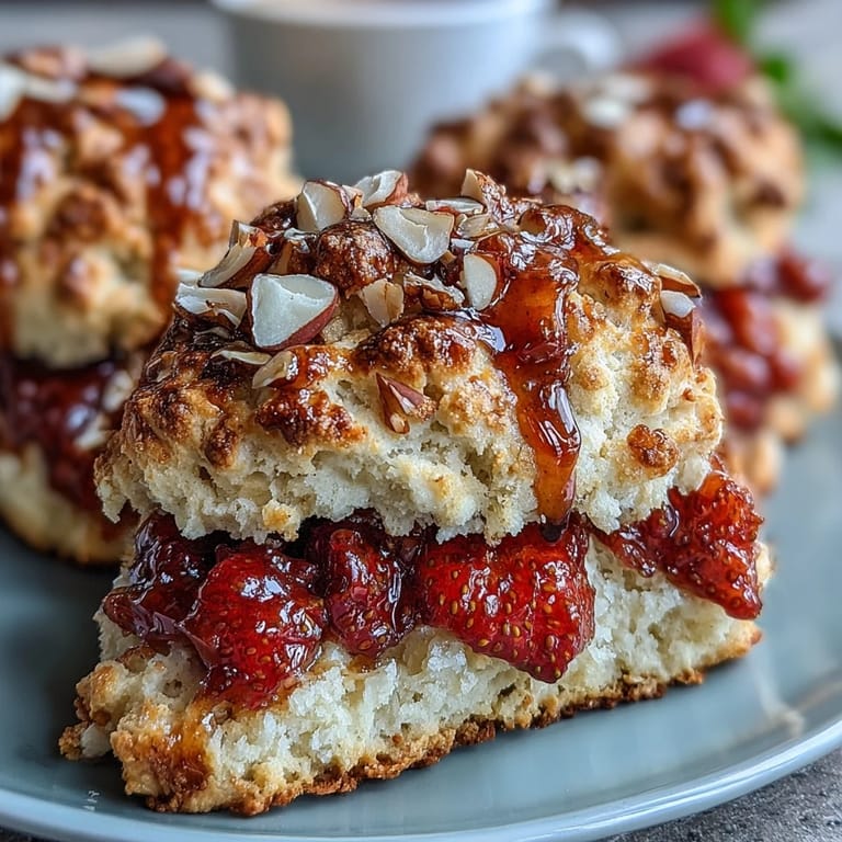 Buttery strawberry scones topped with sliced almonds and a hint of caramelized brown butter, a delightful treat for any time of day.