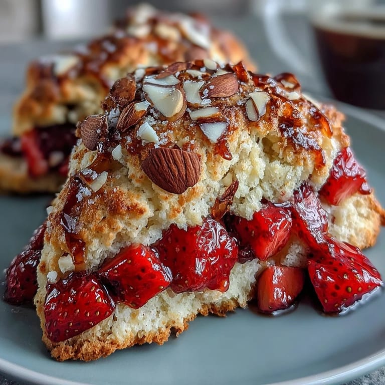 Tender scones bursting with fresh strawberries, rich brown butter flavor, and toasted almonds, ideal for a special weekend brunch.  