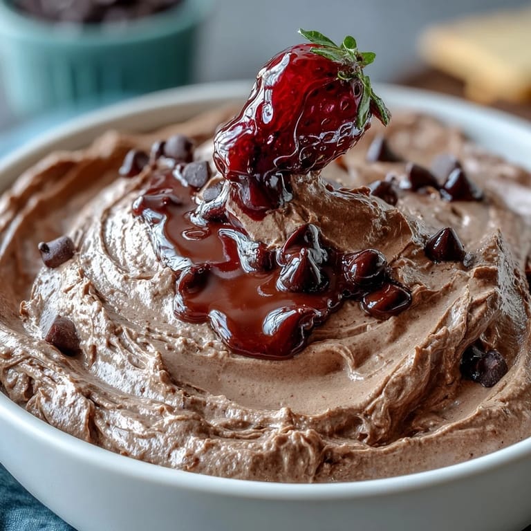 Rich and indulgent Cottage Cheese Brownie Batter Dip paired with colorful fresh fruit for dipping.