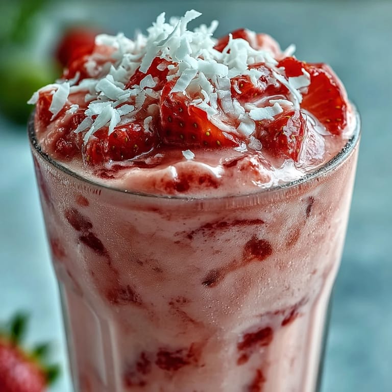 A tropical, dairy-free smoothie blending sweet strawberries and coconut milk for a refreshing summer drink.  