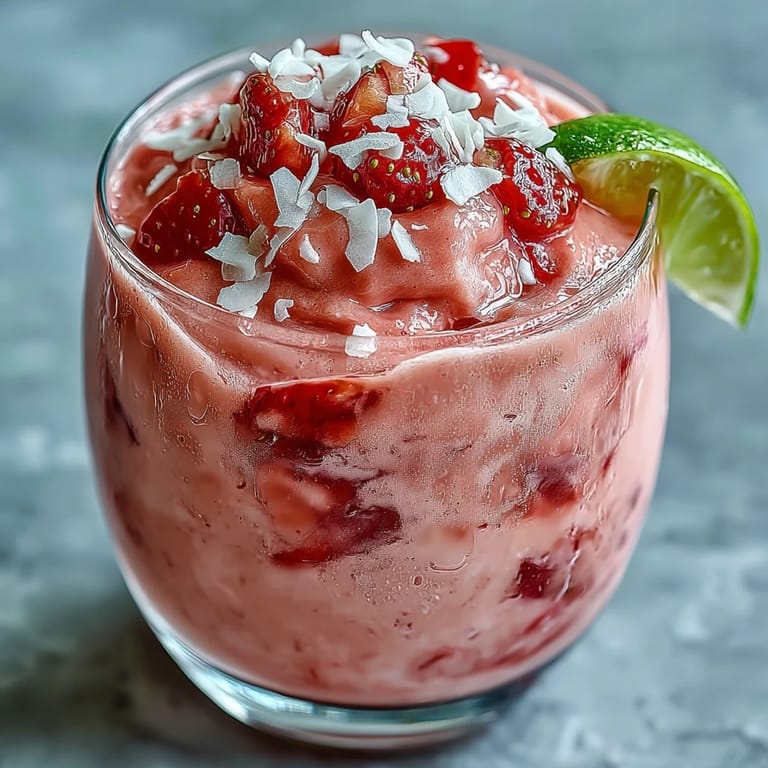 A chilled, alcohol-free strawberry coconut daiquiri smoothie with a tangy lime twist, garnished with a lime wedge.