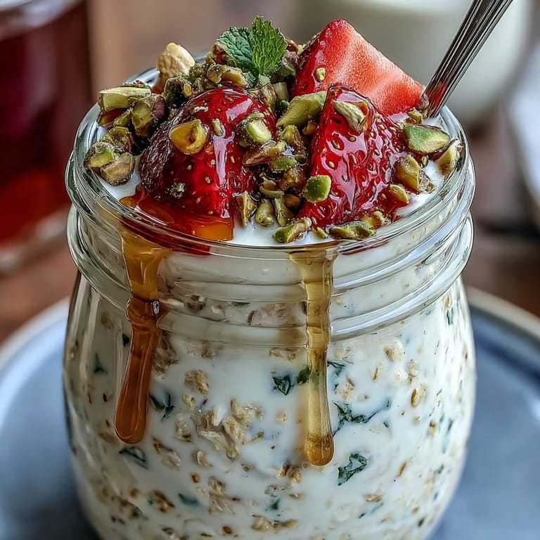 Wholesome strawberry and pistachio overnight oats topped with yogurt, nuts, and honey for a nourishing breakfast.  
