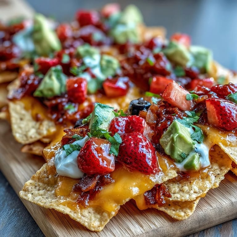 Vibrant platter of loaded nachos topped with melted cheddar and Monterey Jack, black beans, avocado, and a fresh strawberry salsa bursting with flavor.