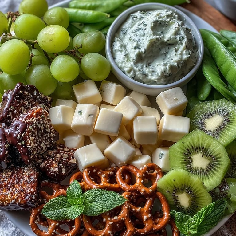 Colorful St. Patricks Day platter with green grapes, apple slices, olives, and chocolate pretzels arranged for a fun, themed feast.