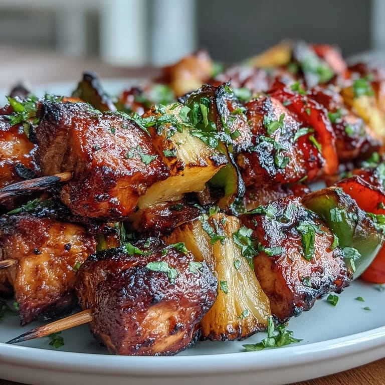 Colorful grilled chicken pineapple kabobs with bell peppers, tender chicken and tropical pineapple on skewers, charred to perfection.  