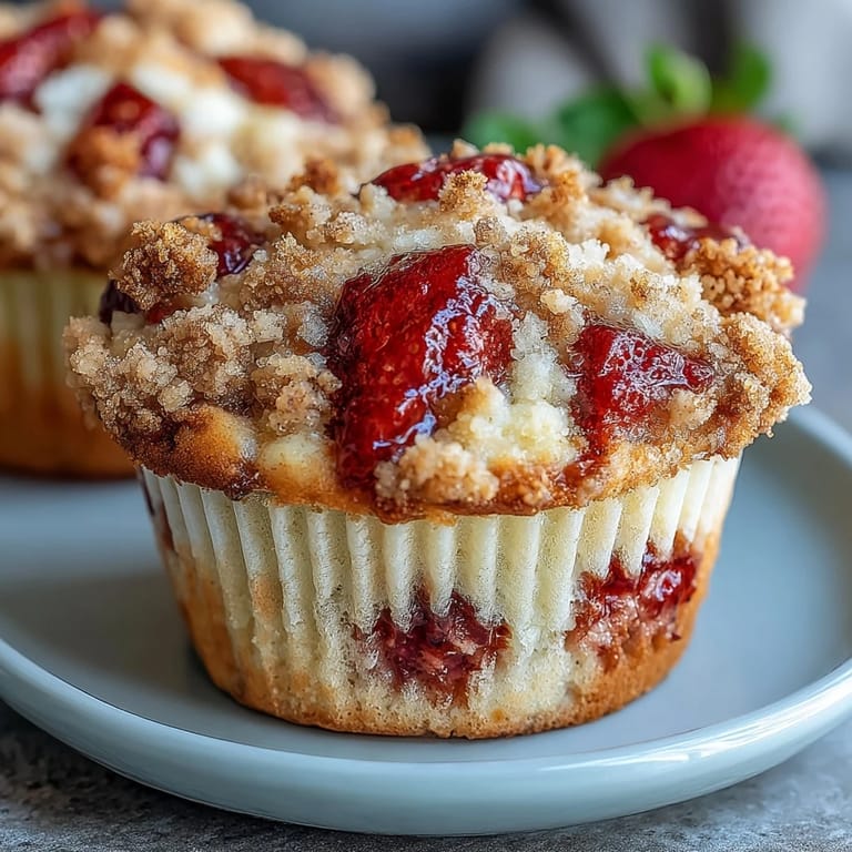 Fluffy muffins studded with ripe strawberries and finished with a crisp, golden crumble topping, ideal for a sweet morning treat.