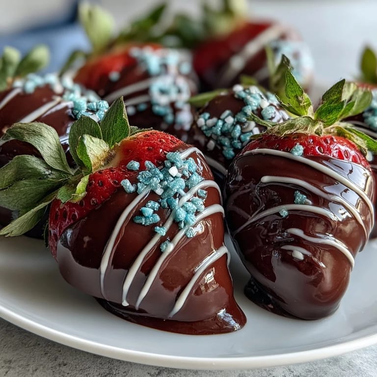 Elegant chocolate-dipped strawberries adorned with rainbow sprinkles, creating a cheerful and simple treat for holiday dessert spreads.