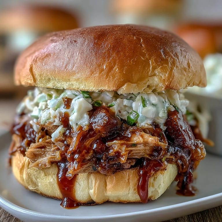 Slow-cooked BBQ pulled pork piled high on soft slider buns, served with creamy coleslaw for a crowd-pleasing dish.
