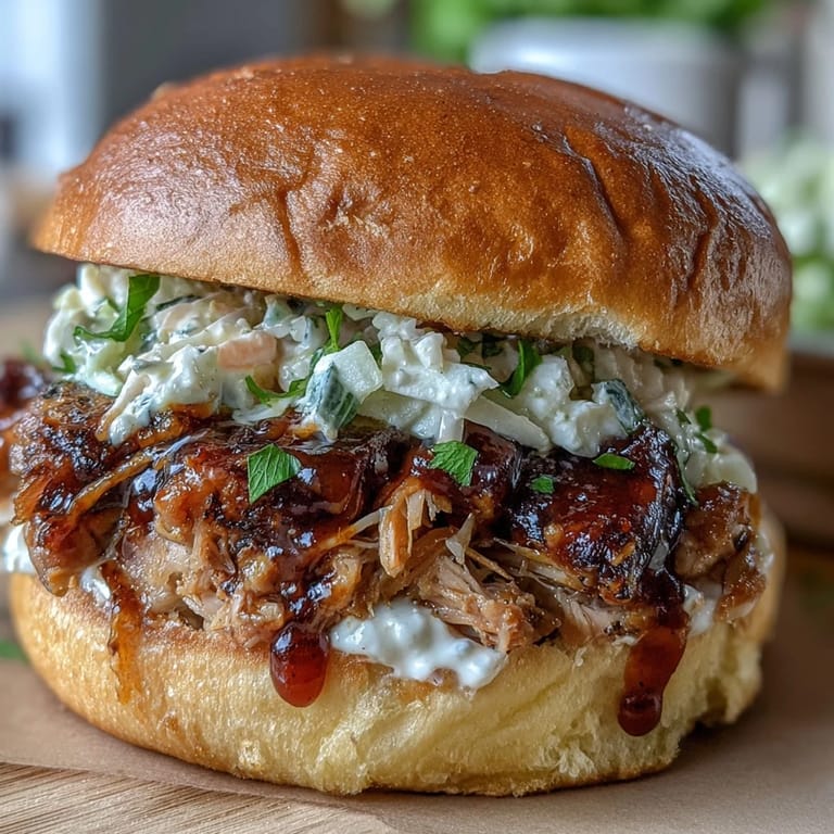 Juicy shredded pork in smoky barbecue sauce on mini buns, garnished with crisp coleslaw—ideal for parties and celebrations.