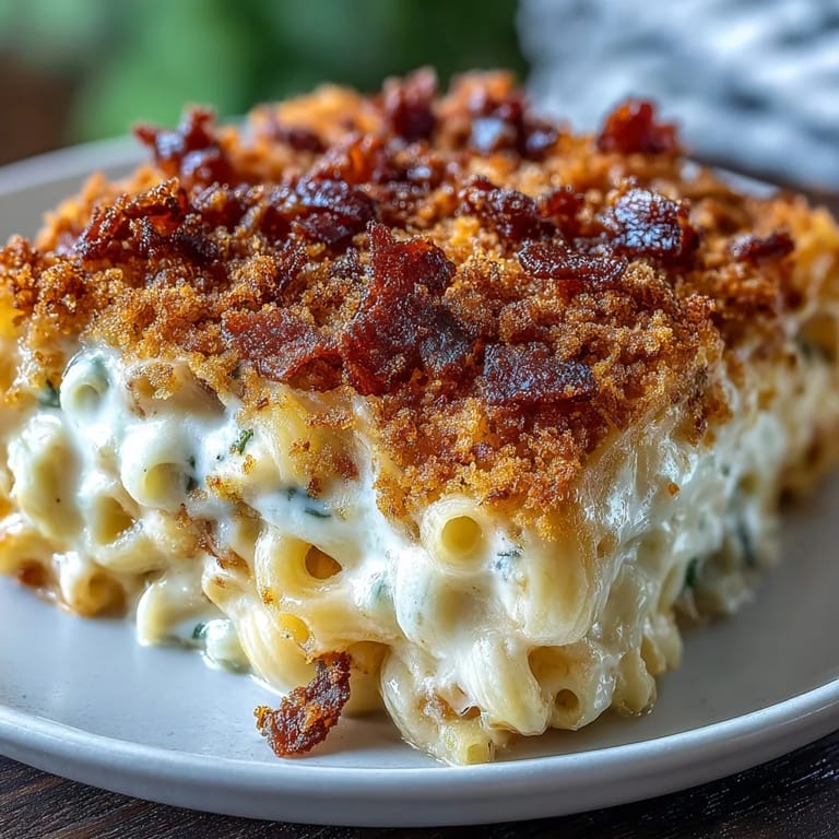 Baked mac and cheese dish topped with crunchy bacon crumbs, rich and bubbling straight from the oven.  