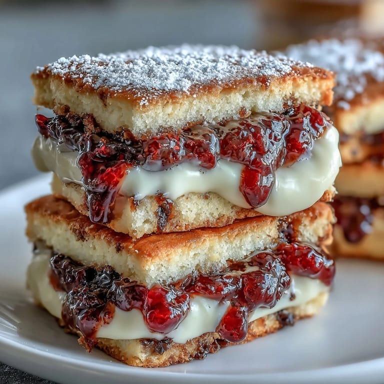 Delicate buttery shortbread cookies with clotted cream, layered with sweet-tart raspberry filling for a luxurious dessert.  