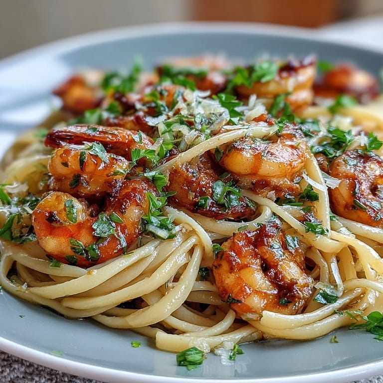 Close-up of creamy lemon garlic shrimp pasta, garnished with parsley and Parmesan, perfect for a spring gathering.