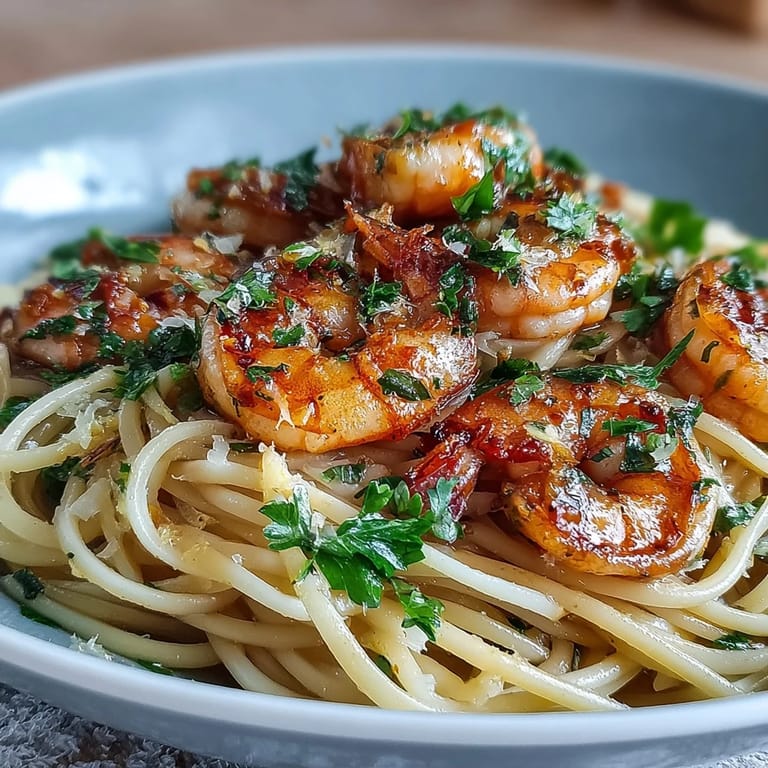 Spring dinner party lemon garlic shrimp pasta in a light garlic-lemon sauce, served with whole wheat linguine.  