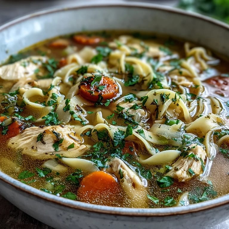 Warm bowl of Chicken Run One-Pot Chicken Noodle Soup with vibrant carrots, celery, and green beans simmering together.  