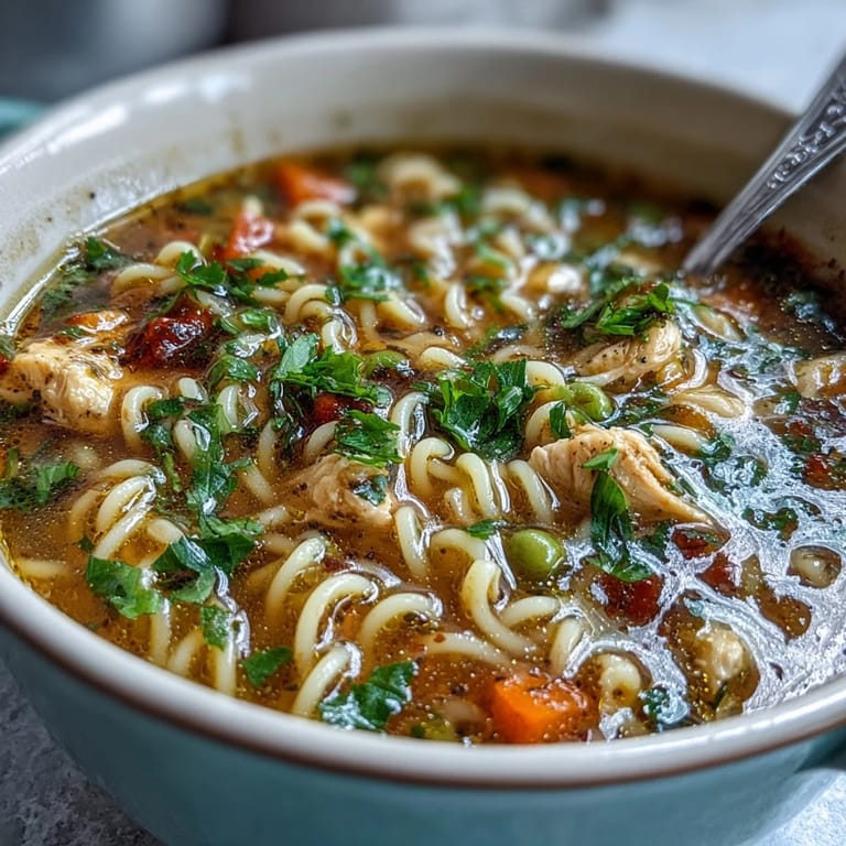 Homemade Chicken Run One-Pot Chicken Noodle Soup served hot, garnished with parsley and ready to enjoy with crusty bread.