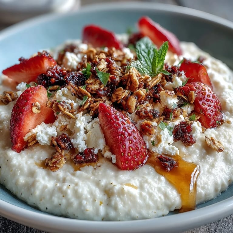 Protein-packed cottage cheese bowl topped with juicy strawberries, crunchy granola, and a drizzle of honey for sweetness.