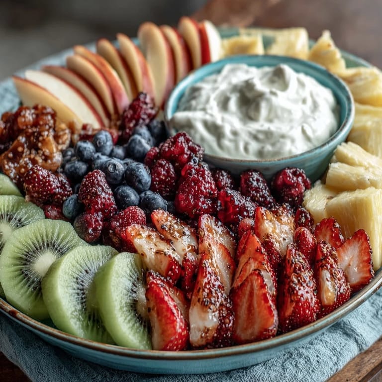 Fresh seasonal fruit arranged in a flower design, perfect for spring gatherings, with a sweet vanilla-yogurt dipping sauce.