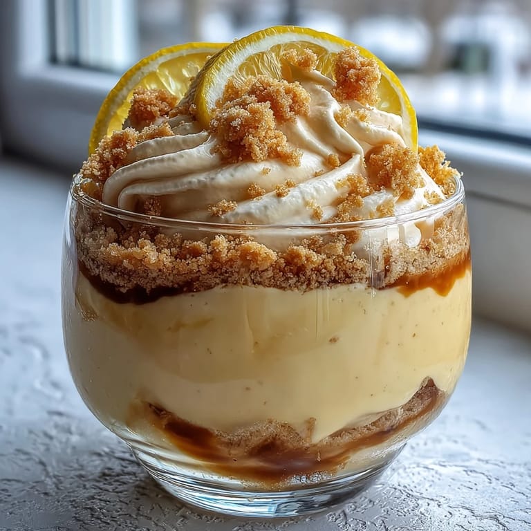 Zesty lemon mousse layered over golden shortbread crumble, topped with fresh berries for a vibrant finish.