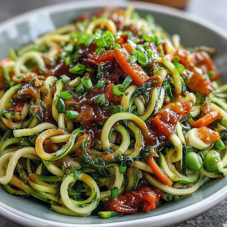 Creamy peanut sauce coats tender zucchini noodles and crisp vegetables in this Healthy Easy Zucchini Noodle Stir-Fry, perfect for a light dinner.