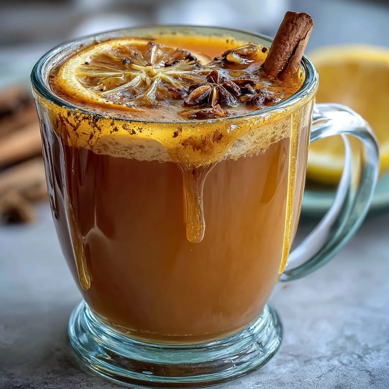 A rustic mug of dandelion root tea with ginger and turmeric, garnished with a slice of lemon for a bright, soothing flavor.
