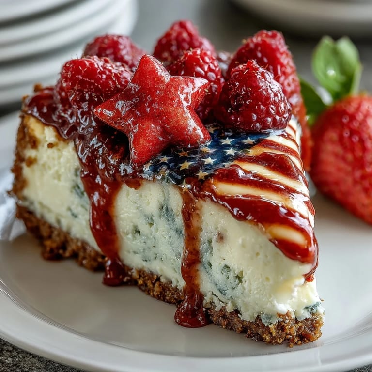 Creamy vanilla cheesecake filling atop a buttery graham cracker crust, artfully arranged with red and blue berries to create a patriotic flag design.