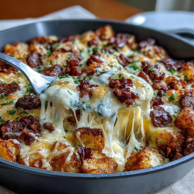 Golden-baked Amish breakfast casserole featuring tender hash browns, juicy sausage, and creamy egg mixture, topped with bubbling cheddar and Swiss cheeses.