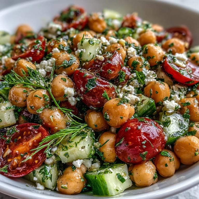 Vibrant Mediterranean chickpea salad featuring juicy tomatoes, crisp cucumbers, and aromatic parsley-mint blend.