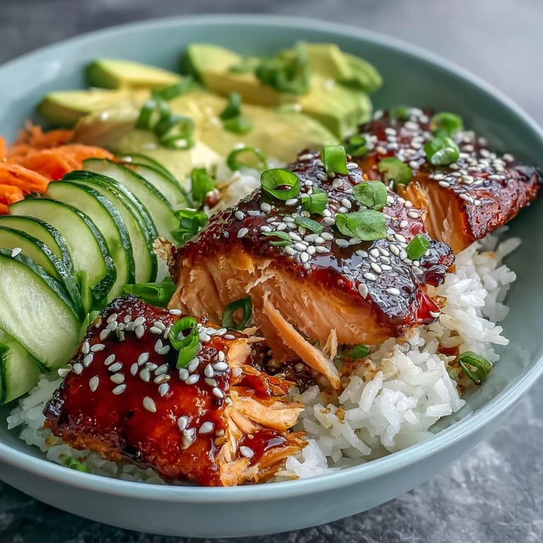 Tender salmon fillets coated in sweet teriyaki glaze, served over steaming rice with crisp cucumber, carrot, and creamy avocado slices.