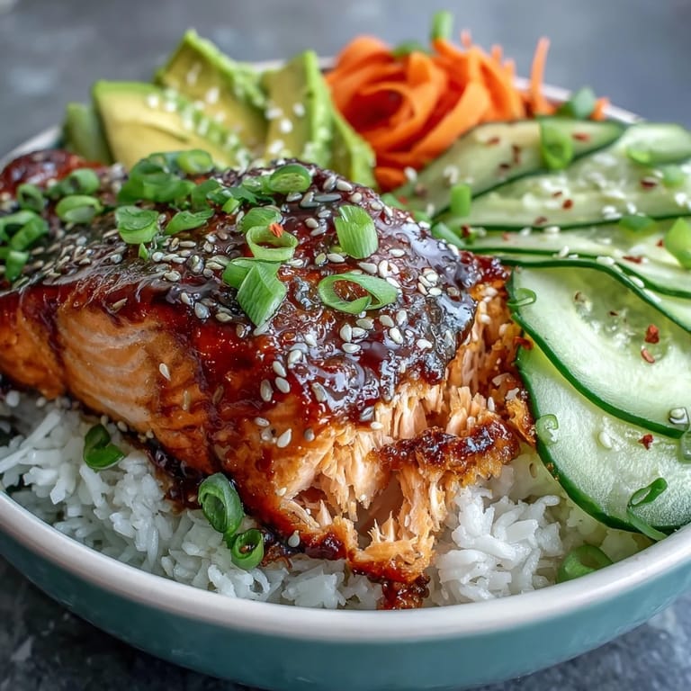 Vibrant salmon teriyaki bowl featuring savory glazed fish, crunchy veggies, and aromatic sesame seeds for an easy Asian-inspired meal.