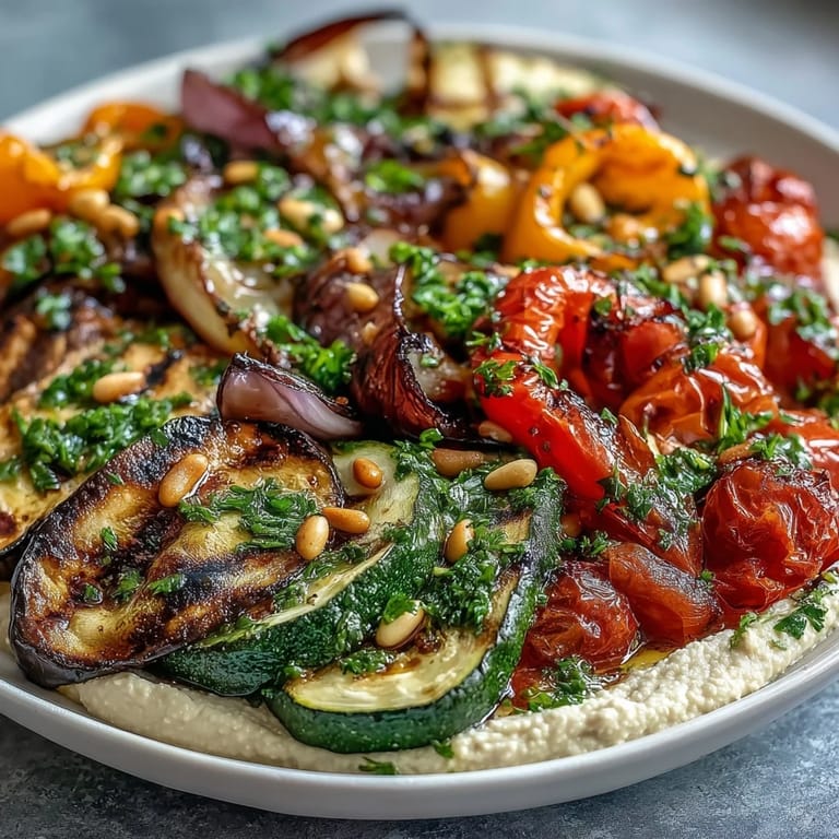 Healthy Mediterranean grilled veggie platter featuring smoky vegetables and smooth hummus, perfect for summer barbecues or light meals.  