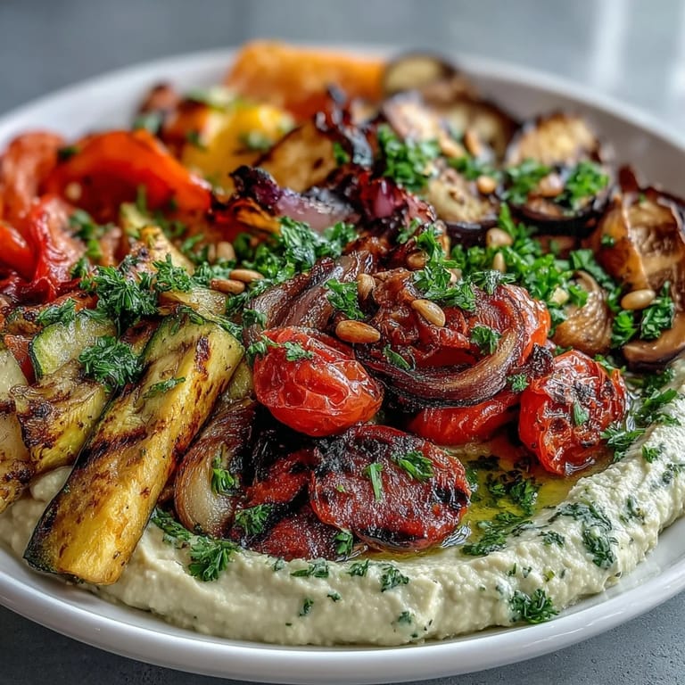 Colorful grilled vegetable platter with creamy hummus, fresh parsley, and olive oil—ideal for vegan picnics or Mediterranean-inspired dining.