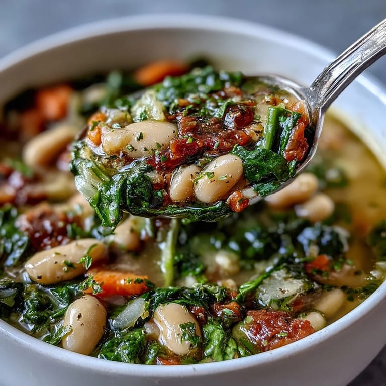 Hearty slow cooker Tuscan White Bean and Spinach Soup with tender vegetables, aromatic herbs, and vibrant green spinach.