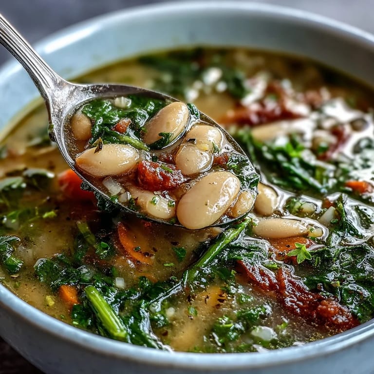 Vegetarian Tuscan White Bean and Spinach Soup served hot, featuring creamy beans and fresh spinach in a savory broth.