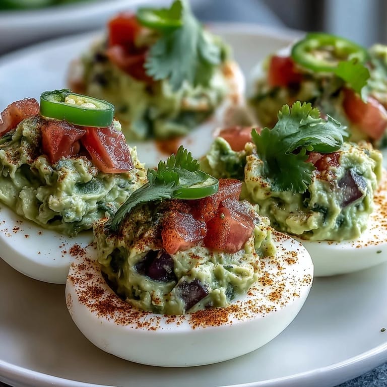 Classic deviled eggs reimagined with smooth guacamole filling, offering a zesty, creamy bite perfect for parties.