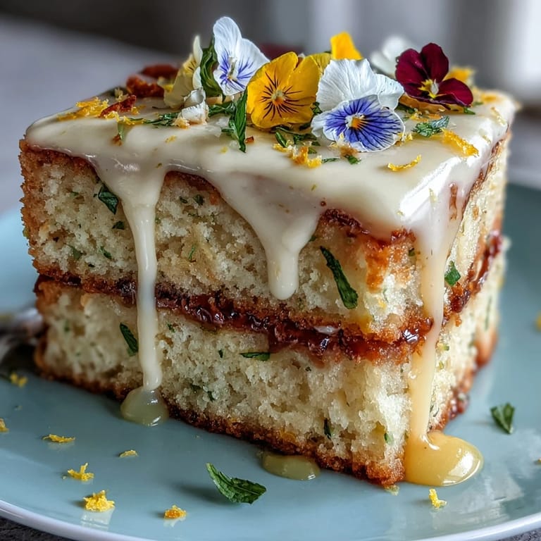 Beautifully layered spring cake with pressed edible flowers and lemon curd, offering a fresh and elegant presentation.