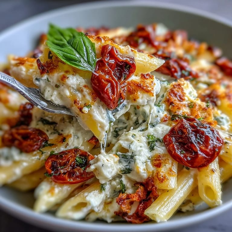 Easy vegetarian baked feta pasta dish, perfectly roasted tomatoes and melted feta.