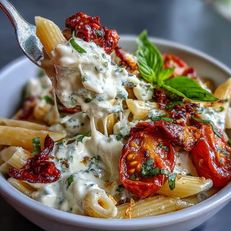 A delightful baked feta pasta, showcasing warm tomatoes and fragrant basil leaves.