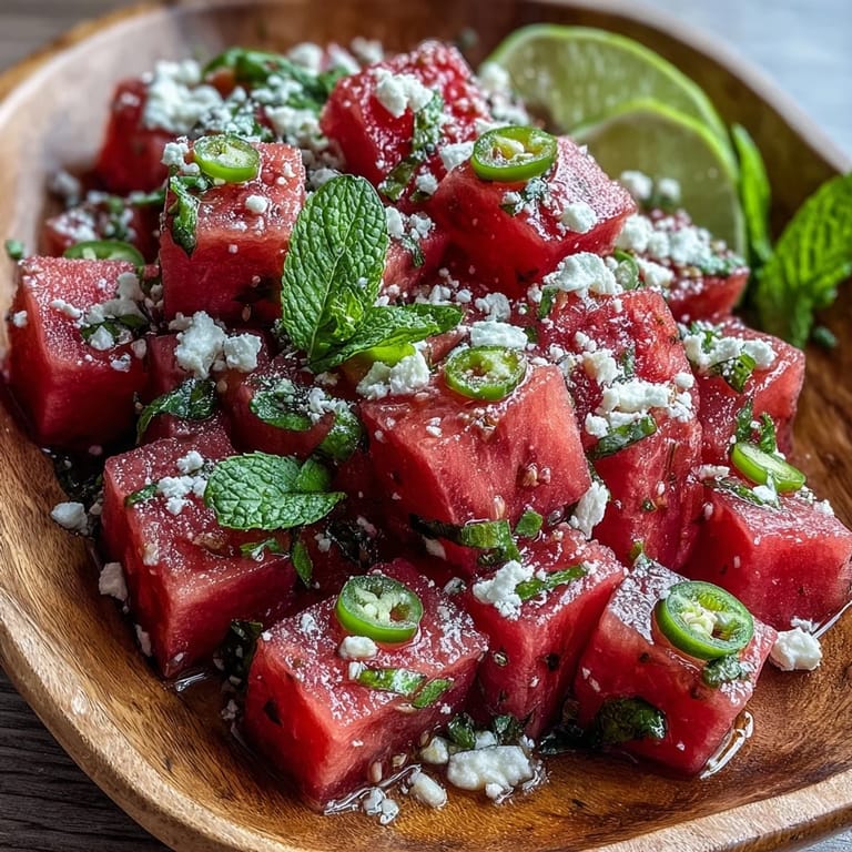 Refreshing watermelon chili lime salad showcasing fresh mint and a zesty chili dressing.