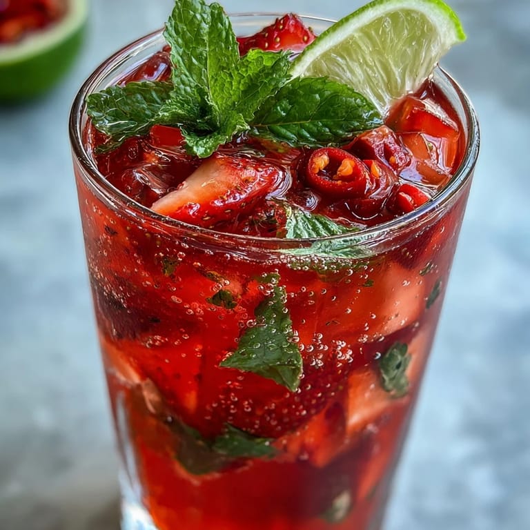 Refreshing Strawberry Chili Limeade Mocktail with a hint of spice, perfect iced.