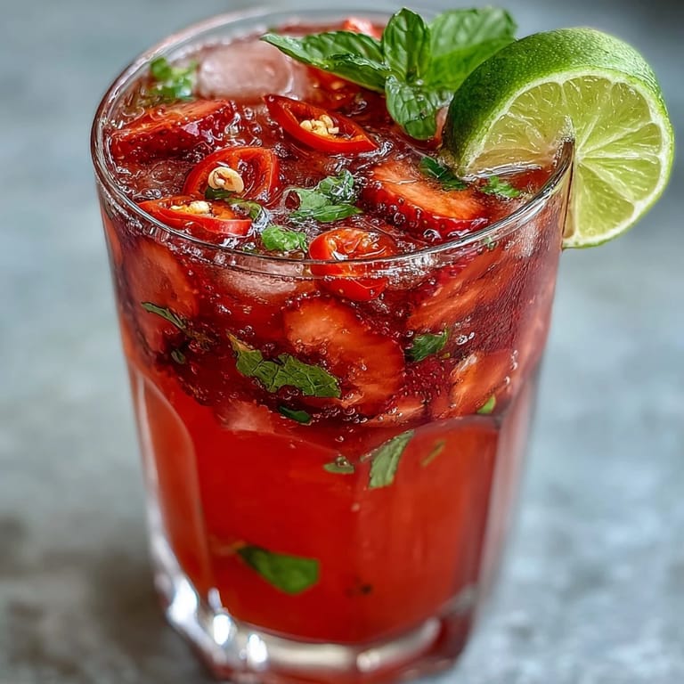 Sweet and spicy Strawberry Chili Limeade Mocktail, ready for summer sipping.