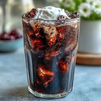 A glass of Midnight Malibu Dirty Soda with rich coconut cream floating over Dr Pepper and blackberry syrup.