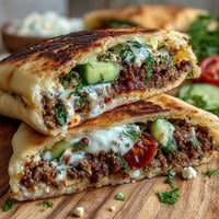 Savory Mediterranean ground beef stuffed in warm pita pockets with crisp vegetables, creamy yogurt sauce, and tangy feta for a vibrant, handheld meal.  