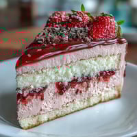 Layered Valentine's Day strawberry mousse cake with airy sponge, fresh berry mousse, and glossy glaze, perfect for romantic celebrations.