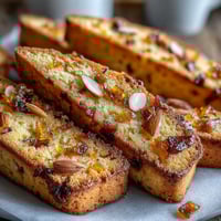 Golden candied orange biscotti with crunchy almonds and citrus zest, perfect for coffee dipping or dessert platters.