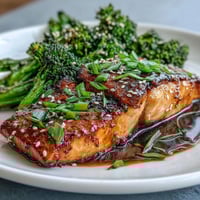 A golden honey-soy glazed salmon fillet with sesame broccoli, showcasing a glossy, caramelized finish and vibrant green florets.  